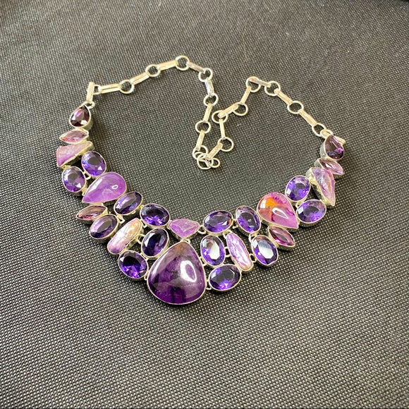 Charoite Necklace with Faceted Amethyst, Charoite and Biwa Pearl Bib Necklace - Picture 1 of 16